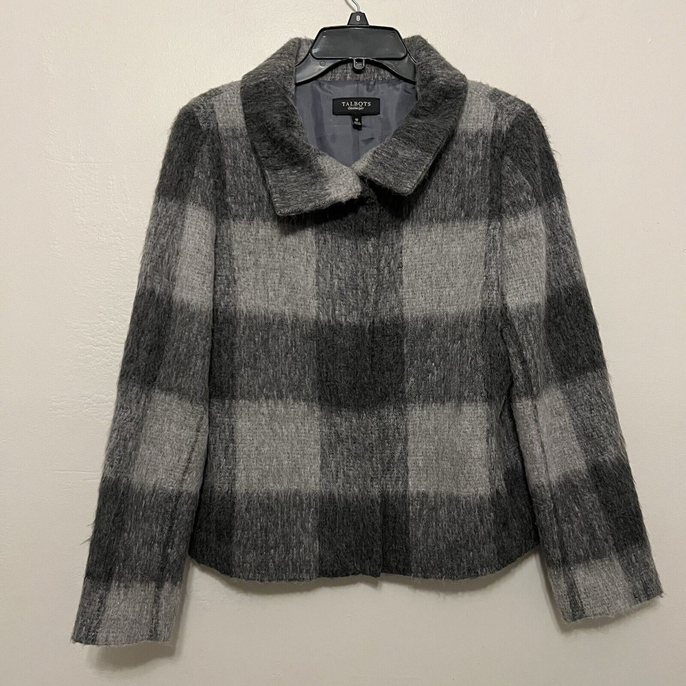 Talbots Women's Plaid Wool Blend Jacket Size 10 Gray Black Collar Zip Pockets‎